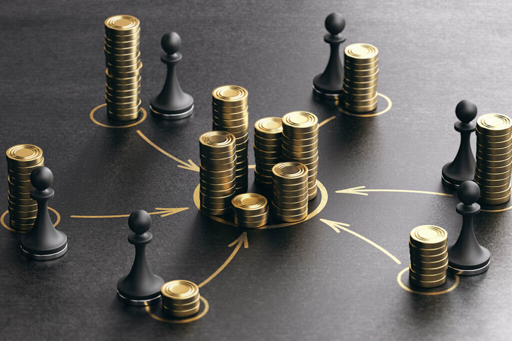 Stacks of gold coins connected by strategic arrows with chess pieces, symbolising capital advisory solutions and financial strategy.