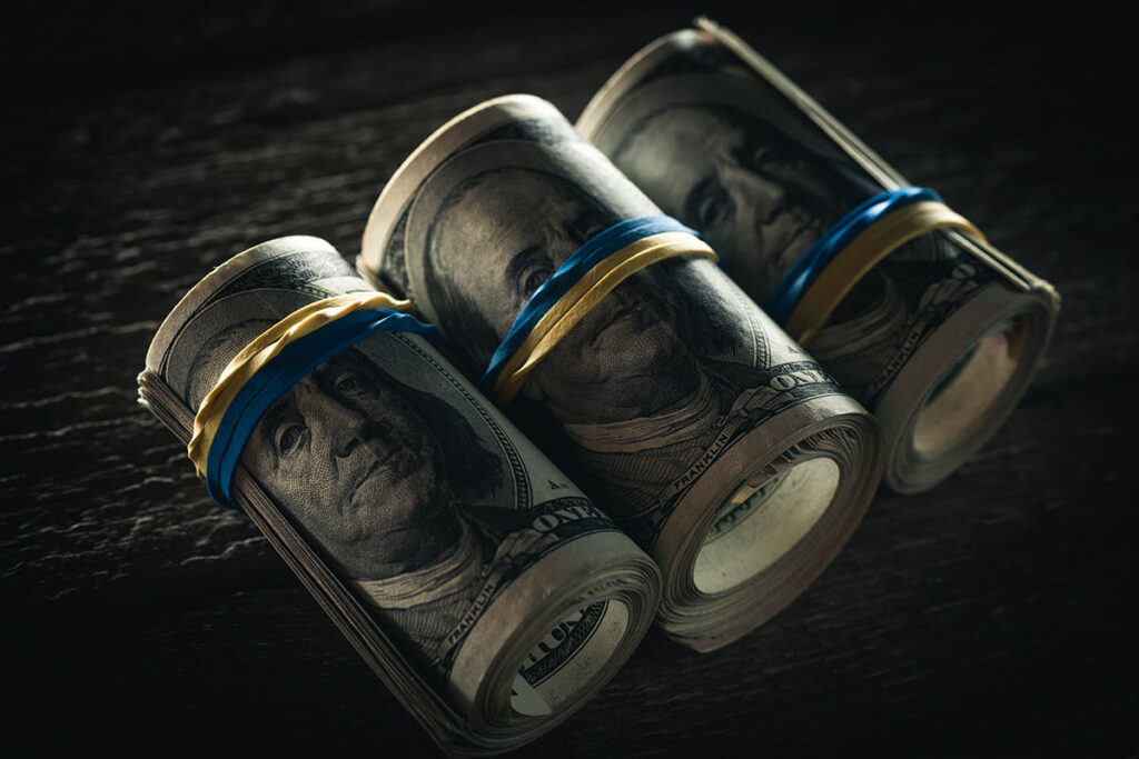 Rolled stacks of US dollar banknotes secured with rubber bands, symbolising long-term capital preservation and financial security.