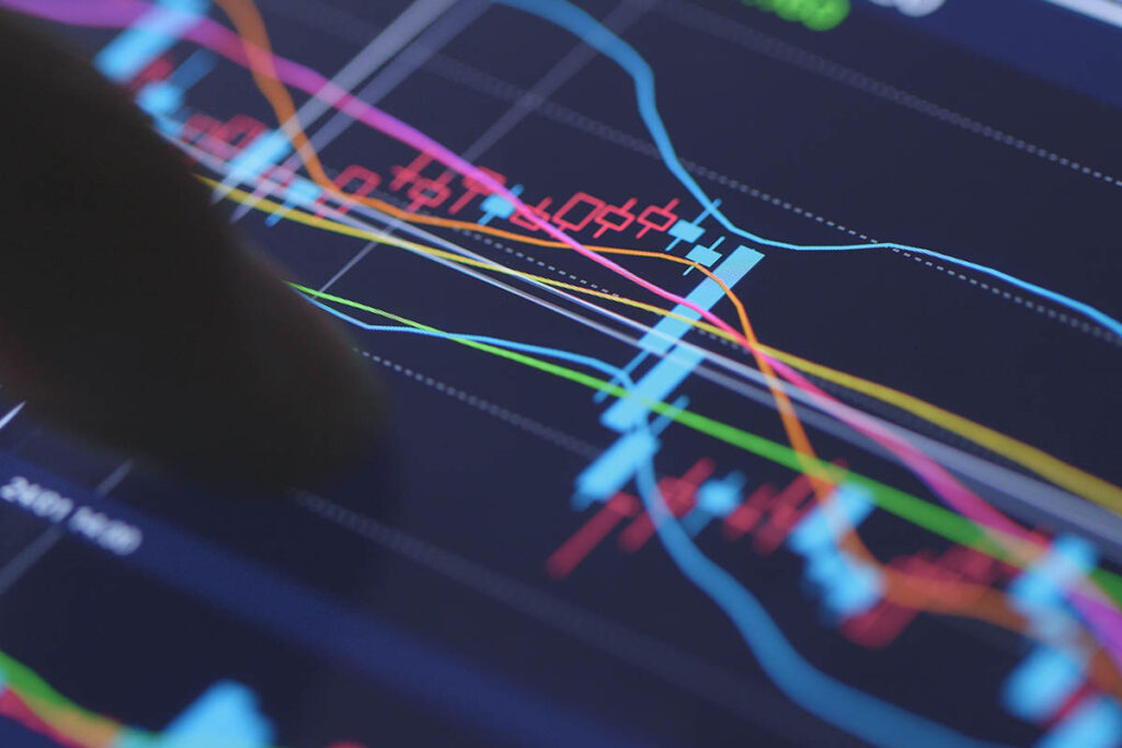 Financial market chart with fluctuating trend lines, representing research-driven market strategies in finance and investment.